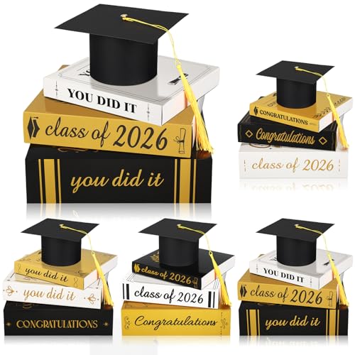 Dunzoom 4 Sets Graduation Tables Centerpieces Class of 2026 4 Pcs Graduation Cap and 12 Pcs Paper Book Stack Sign Table Toppers Party Decor Supplies for High School College Bachelor (Gold)
