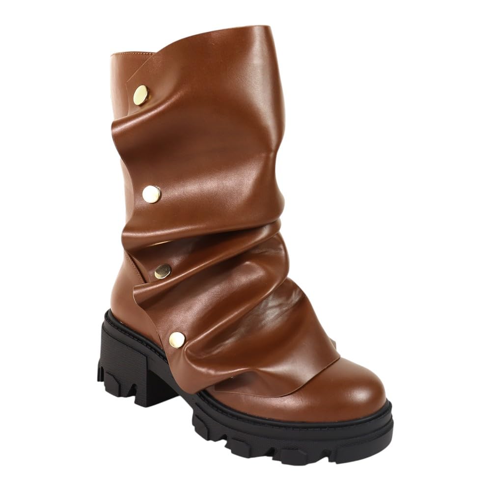 Liliana Womens Slouchy Fold Over Boots Platform Shark Boots Pull On Fashion Short Booties RUNS SMALL