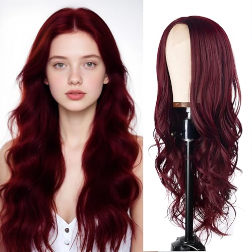 Refined hair Long Wine Red Wavy Wig for Women 26in Burgundy Middle Part Wig