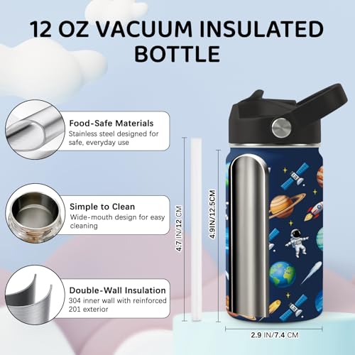 Image of Planet Water Bottle for Son & Daughter, Stainless Steel Insulated Tumbler with Straw Lid and Handle, 12oz Reusable Leak-Proof Bottle for Sports
