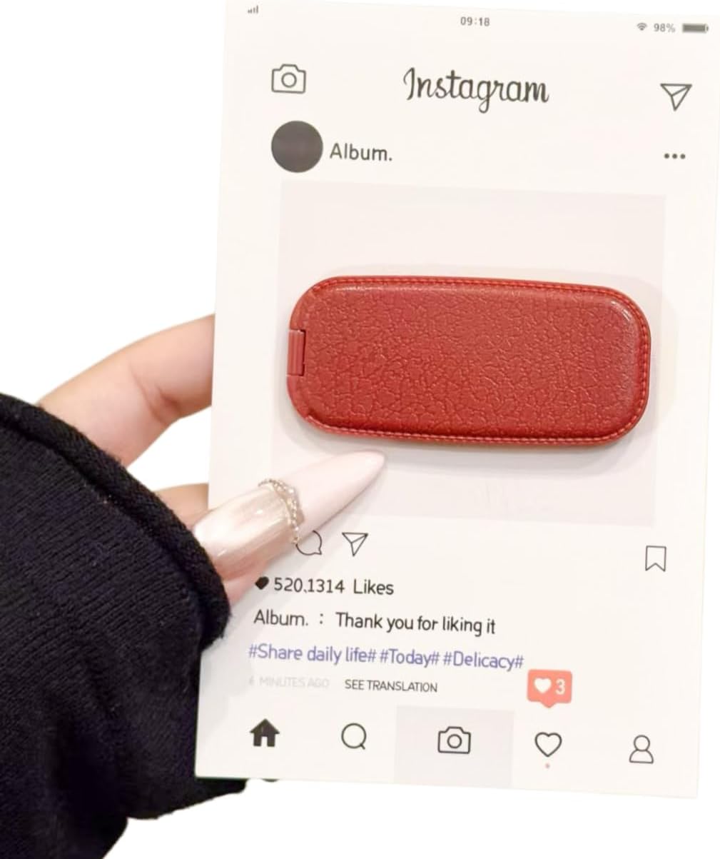 Leather-Textured Oval Mirror Phone Stand, PC and Acrylic, Foldable, Compact, 2.56x1.18x0.18 in, Multiple Colors (red)