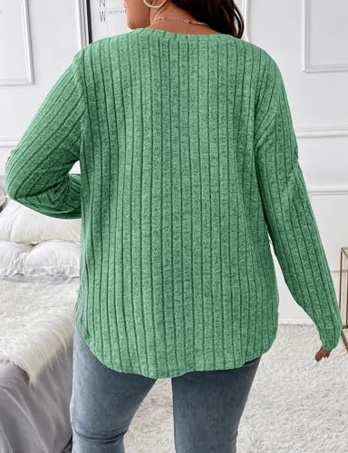 Image of Koscacy Women Plus Size Casual Knit Sweater V Neck Solid Color Tops Lightweight Long Sleeve Blouses
