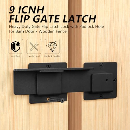 9" Flip Gate Latch Lock with 4 Padlock Holes, 4mm Extra Heavy Duty Carbon Steel Adjustable Door Latch for Sliding/Swing Gates, Outdoor Wooden Fence, Barn, Shed, Garage, Yard, Double Gate