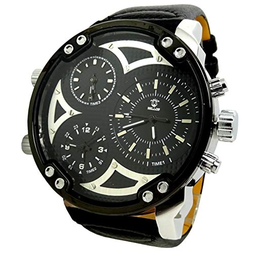 Montre Homme Mr Daddy 2.0 Noir Blanc DESEL Cuir Argent 3 FUSEAUX HORAIRE XXL