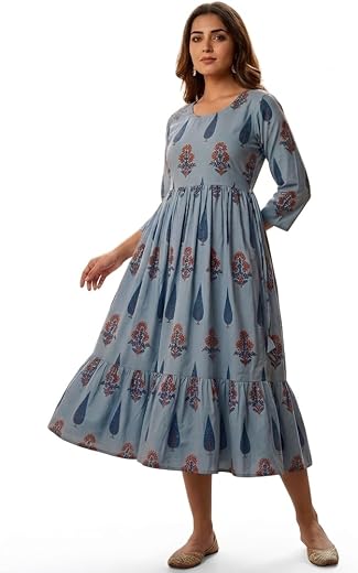 Women's Blue Printed Cotton Midi Dress, Round Neck, Three-Quarter Sleeves, Flared Ethnic Kurti Gown