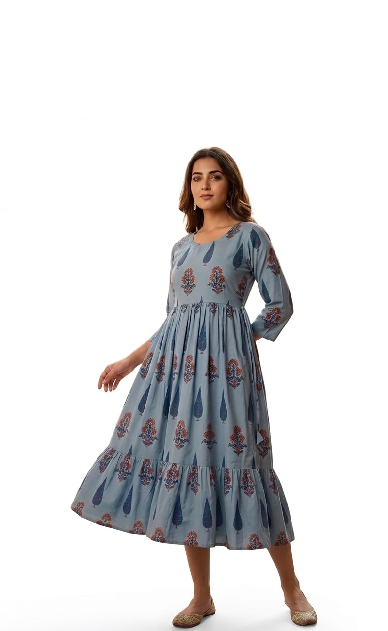 Women's Blue Printed Cotton Midi Dress, Round Neck, Three-Quarter Sleeves, Flared Ethnic Kurti Gown - Review, Price and Buying Guide