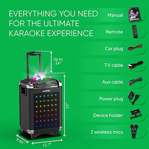 Masingo Karaoke Machine For Adults & Kids With 2 Uhf Wireless Microphones - Portable Singing Pa Speaker System W/Two Bluetooth Mics, Party Lights, Lyrics Display Holder & Tv Cable - Soprano X1 Black #TOP7