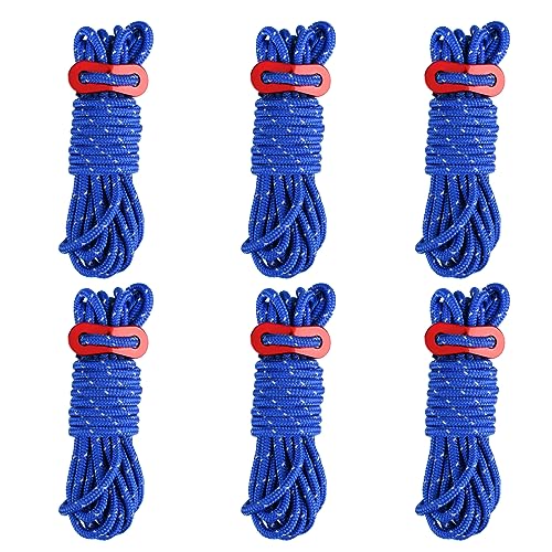 Azarxis Reflective Guyline ?4mm 4m Tent Guide Rope Cord with Aluminum Guy Line Adjuster Tensioner Lightweight for Tent Tarp Canopy Sheleter Camping Hiking Backpacking (Blue - 6 Pack)