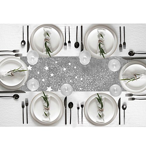 Anna Stay Table Runners - Trivet & Table Runner, Handles Heat Up to 300F, Anti Slip, Hand Washable, Great for Hot Dishes and Pots, Great as Dresser Decor & Table Decor, Gray Table Runner w Trail Stars