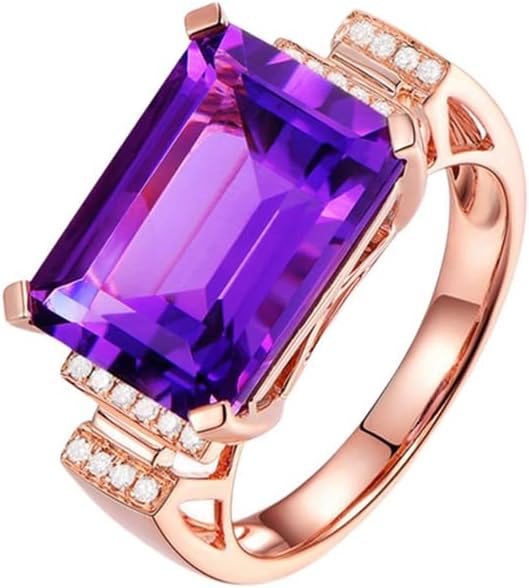 Anillo rectangular de plata de ley 925 para mujer, con piedras preciosas moradas, oro rosa de 18 quilates, amatista natural, anillo de diamantes de