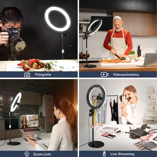 Ringlicht mit Stativ,Ring Light Tisch Selfie Licht Ringleuchte Lichtring,10.5 Zoll 3 Lichtfarben LED Ring Licht Handy stativ mit licht für Videokonferenz (10.5Zoll-Schwarz) 4