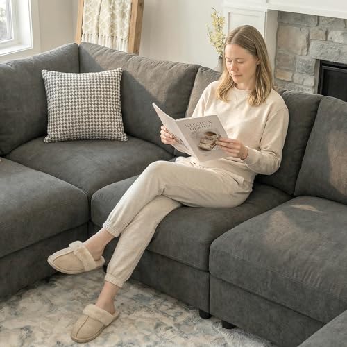 Image of Sectional Couches for Living Room FSC Certified Velvet Modular Couch Oversized Cloud U Shaped Convertible Sleeper Sofa Chaise Detachable Armrest Cushion (Velvet Grey, U Shape 6 Seat)