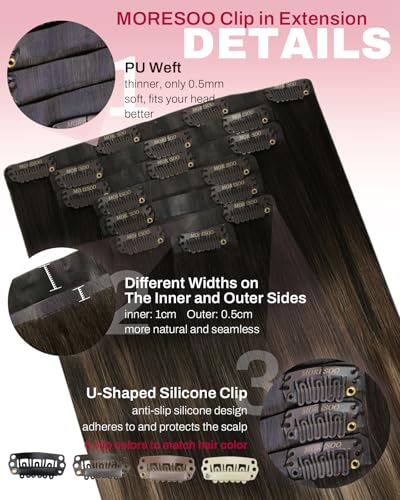 Image of Moresoo Clip in Hair Extensions Real Human Hair, Balayage Brown, PU Weft | Clip in human hair extensions, medium brown to warm chestnut brown with soft beige blonde,14inch 120g 7pcs, for office users