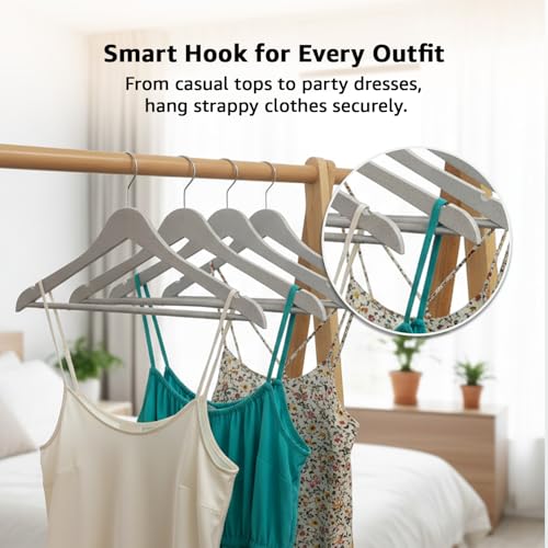 Image of Amazon Basics Plastic Hangers - Grey Color, Chrome Hook, Glossy Finish, Pant Bar, Lightweight Design, 5kg Load, Pack of 20 (Size: 44 L x 23 H x 1 W cm)