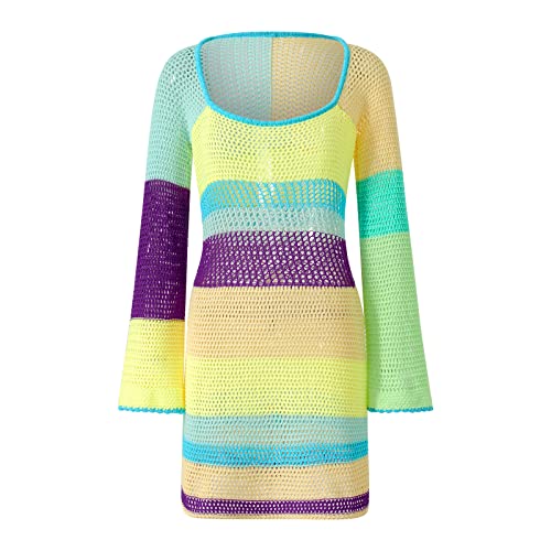 Image of Women Crochet Knit Mini Dress Colorful Striped Long Sleeve See Through Mesh Cover Ups Summer Beach Wear