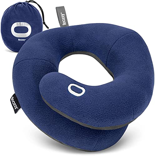Image of BCOZZY Travel Neck Pillow for Airplane - Patented Double Support for Head, Neck, and Chin. Best for Long Flights, Plane Sleeping & Car Rides. Adjustable Size. Fully Washable. Carry Bag. X-Large, Navy