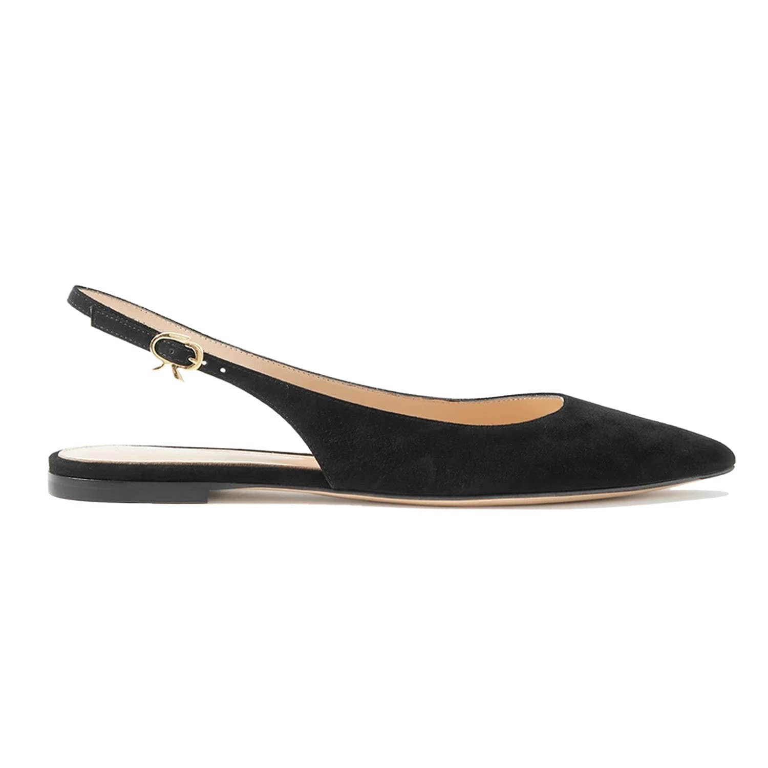 FOWT Women Pointy Toe Buckle Ballet Flats,Adjustable Back Strap Backless Dressy Shoes for Daily Wear,Black Suede Slight Heels Gold Tone with Party Event Office Lady Size 4-16 US