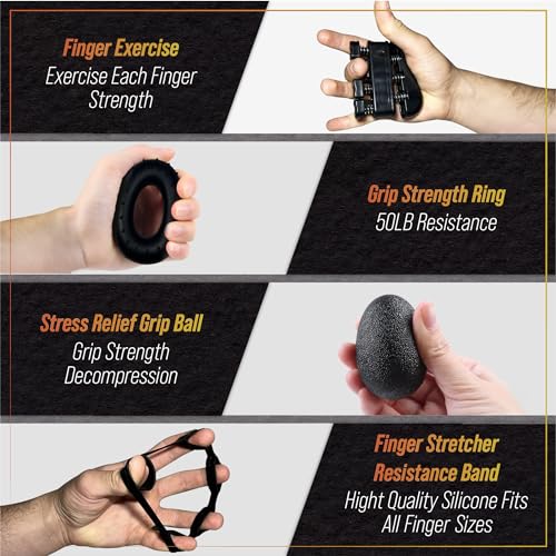 Strongergy Hand Grip para Ejercitar Antebrazo - Kit de 5 piezas, Fortalecedor de Agarre Ajustable, Fortalecedor de Dedos, Goma para Estirar Dedos, Pelota Antiestrés, Anillo para Fortalecer Mano - Imagen 5
