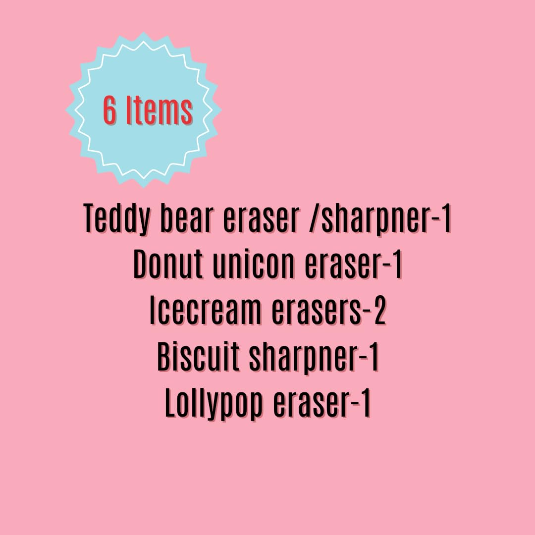 KRAVORAH Pink-Themed Stationery Gift Set – 6 Fun Items: Ice Cream Sharpener, Teddy Bear Eraser/Sharpener, Lollipop Eraser, Biscuit Sharpener – Perfect for Gifting, Kids, and Creative Desks 2