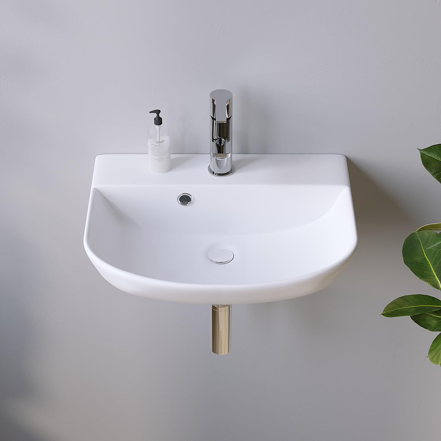 Waschbecken aus Keramik 44 x 36 cm Waschtisch Hängewaschbecken Halbrund Ovales Handwaschbecken Weiß Badezimmer Gäste WC mit Hahnloch Überlauf Stockschrauben | OHNE Wasserhahn | OHNE Ablaufventil