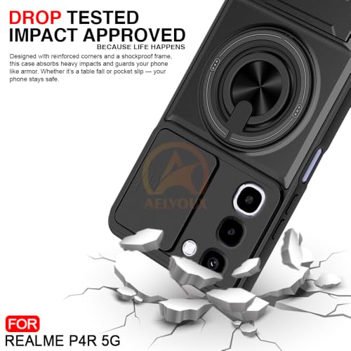 Image of Realme P4R 5G Back Cover | Armor Camera Slider 360 Degree Rotating Finger Ring Holder Case with Bracket Stand Back Case Cover (Compatible with MagSafe Accessories) (Black)