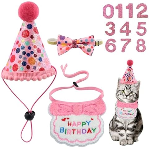 Cat Birthday Party Supplies, Girl Cat Kitten Birthday Bandana Birthday Hat Bow tie with Numbers Pet Birthday Decorations Outfits for Cat (Pink) Cover