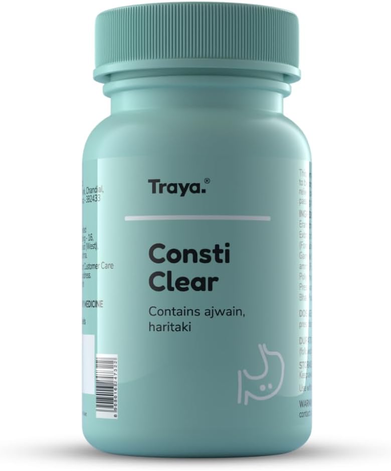 TrayaConsti Clear, Ayurvedic Constipation Relieving Supplement, For Improved Bowel Movement, Contains Ajwain, Triphala, Haritaki, Natural & Herbal (60 Tablets)
