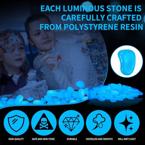 Image of Landical 300 Pcs 1.8 Inch Large Glow in The Dark Rocks Glow in The Dark Pebbles Outdoor Bule Fish Tank Rock Aquarium Gravel Luminous Stone for Landscaping Walkway Succulent Plant Decor, 4700g /10.36lbs