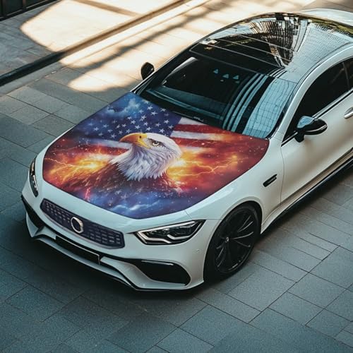 Image of Renewold Eagle American Flag Flame Car Hood Cover Protector Hood Covers for Cars Hood Wrap Blanket Women Men Automotive Exterior Accessories Decor for Most Sedan Small SUV Truck