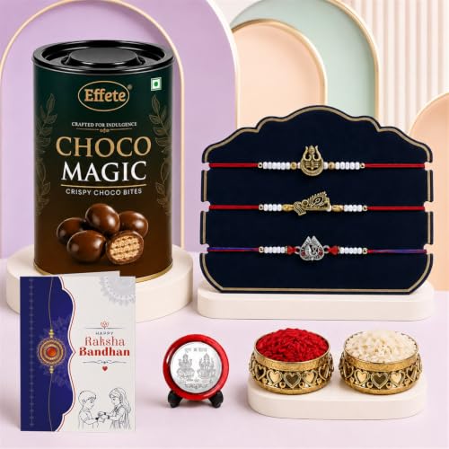Image of DeoDap Rakhi with Chocolate for Brother - Multi Color Rakhi 3 Pcs with Choco Magic Chocolate 96 gms, Silver Color Coin, Greeting Card & Tilak Set | Raksha Bandhan Combo Pack (K3 1933+1938+1939 EM96)
