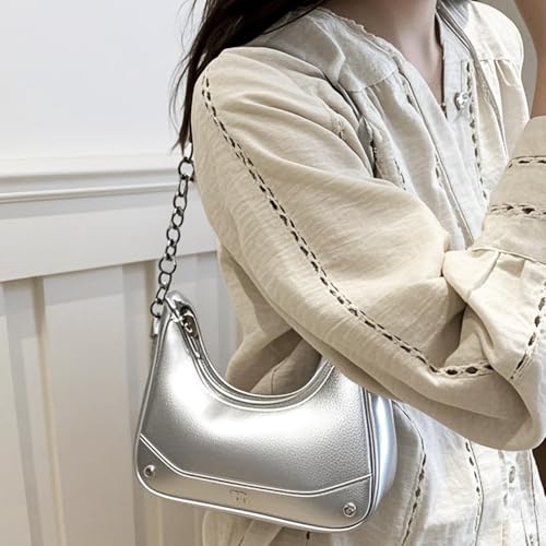 small hobo shoulder bag for women metallic handbag with chain strap crescent purse