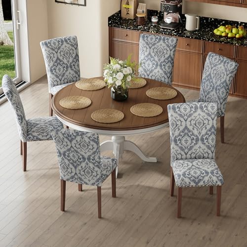 Image of COLAMY Upholstered Parsons Dining Chairs Set of 6, Fabric Dining Room Kitchen Side Chair with Nailhead Trim and Wood Legs - Blue /White Flower