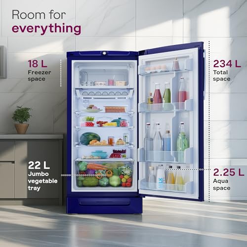 Image of Godrej 202 L 5 Star | Advanced Inverter | Jumbo Vegetable Tray | Toughened Glass Shelves | Turbo Cooling Technology | Base Drawer Direct Cool Single Door Refrigerator (RD 210E TDI MN BL, Marine Blue)
