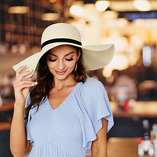 Image of Women Wide Brim Sun Hat UPF50 Straw Summer Hat Floppy Beach Hat Roll-Up