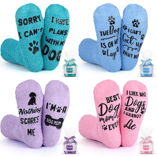 Geyoga 4 Pair Fuzzy Socks Christmas Funny Gifts Socks Stocking Stuffers for Book Dog Bake Lover