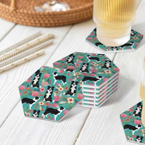 Dessous de verre Border Collie en céramique et liège avec support - Lot de 6
