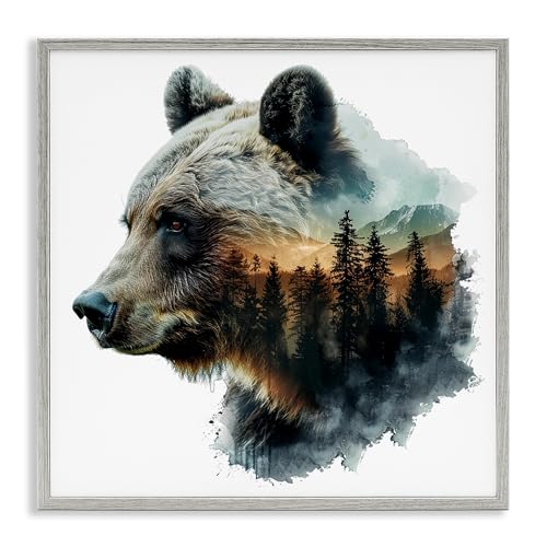 Bear Woodland Silhouette Rustic Cabin, 12 x 12 Inch Framed Giclée Print