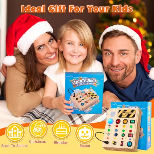 Image of TINTECUSA Busy Board Montessori Toys for Toddler, Wooden Sensory Board Switch Toy with Shape Sorter LED Light Up Toys Educational Plane Travel Activity for Girls & Boys