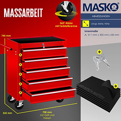 Masko® Werkstattwagen - 5 Schubladen, rot ✓ Abschließbar ✓ Massives Metall | Mobiler Werkzeug-Wagen ohne Werkzeug | Profi Werkstatt-Wagen unbestückt | Rollwagen zur Werkzeugaufbewahrung mit Schloss – Bild 8