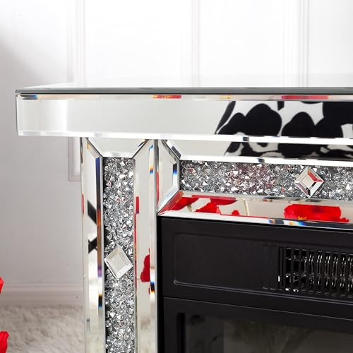 Close up of crushed diamond inlay on electric fireplace mantel