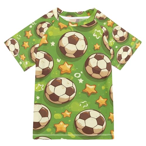 Wudan Cartoon Soccer Balls Stars Green Bathing Suit Kids Short Sleeves Girl Rash Guard Swimwears Shirts for Teen Boys 11-12Y