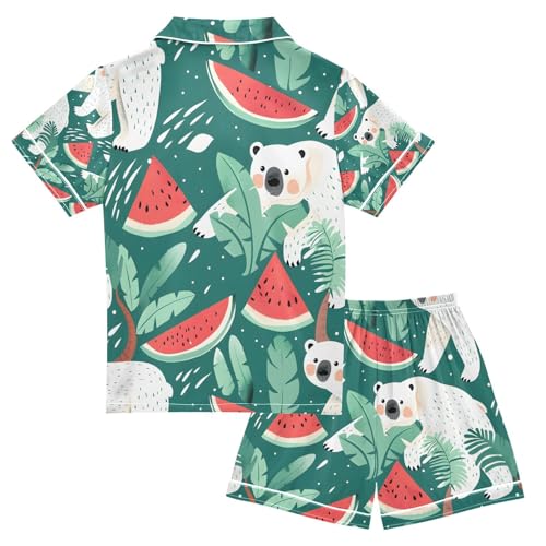 senya Polar Bear Eat Watermelon Satin Summer Pajama Sets Silk Short Sleeve Button Down Sleepwear2