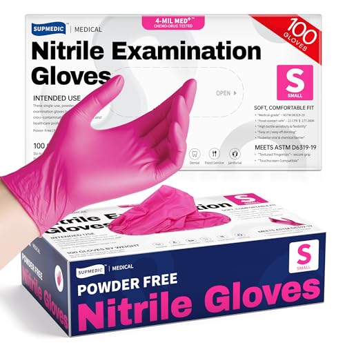 Supmedic Nitrile Exam Gloves 4 Mil 100 Pcs Powder-Free Latex-Free Cooking Food-Safe Disposable Medical Gloves Rose Orchid (Small)