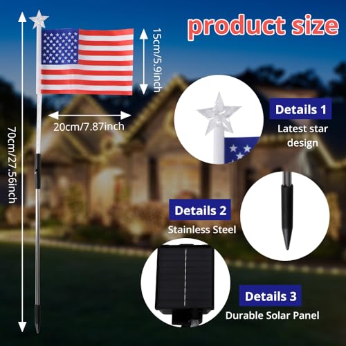 Image of 6 Flag Lights 4th of July Decorations 8 Lighting Modes, 6-in-1 American Flag Solar Lights, Memorial Day Decorations with Red White and Blue Lights for Independence Day Path Garden Decor Yard Pathway