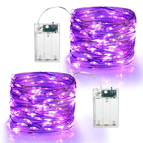 BrizLabs Luces de Halloween moradas, 19 pies, 60 luces LED moradas, 2 modos de batería, cadena de luces de Halloween, cable plateado para interiores, luz parpadeante para fiesta de Navidad, carnaval