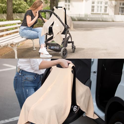 Image of Baby Car Seat Cover Muslin Infant Carseat Canopy, Peekaboo Opening Car Seat Covers, Unisex Large Universal Fit Lightweight Breathable Newborn Breastfeeding Nursing Covers