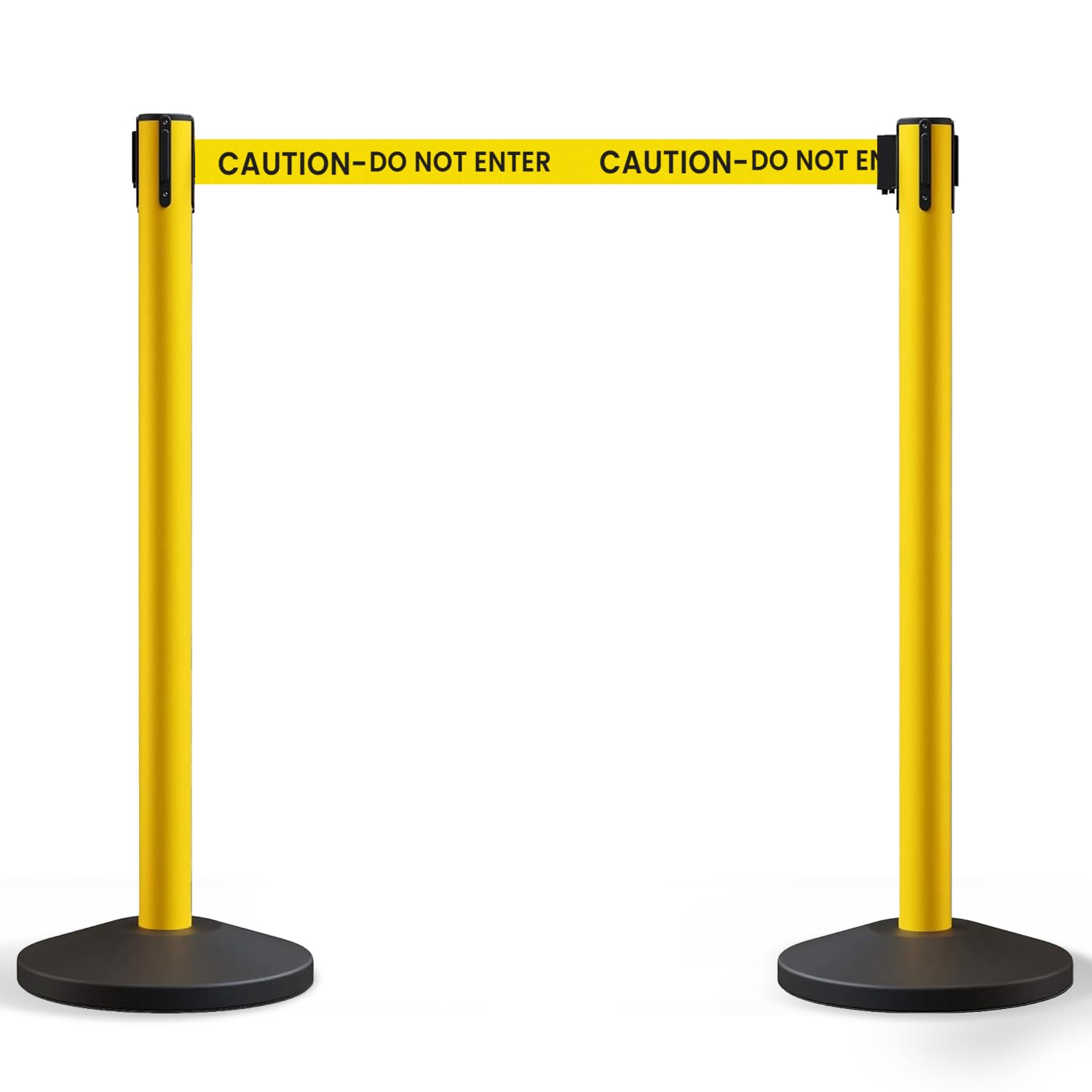 Photo 1 of Crowd Control Warehouse Set of 2 Stanchion Retractable Belt Barriers, 11 Foot 'Caution Do Not Enter' Belt Barrier with 40” Yellow Posts, Barriers with Heavy Duty Concrete Base, CCW Series RBB-100