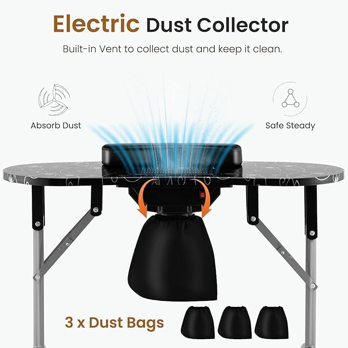 Nightcore Nail Table, Portable Nail Table with Bendable LED Light & Tote Bag, Foldable Nail Table with Electric Dust Collector & 4 Lockable Wheels, Nail Salon Table with Removable Hand Mat