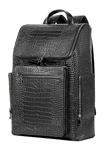 Men's Travel Backpack Genuine Leather Crocodile Print 15.6 inch Laptop Large Capacity Bookbag Casual Daypack