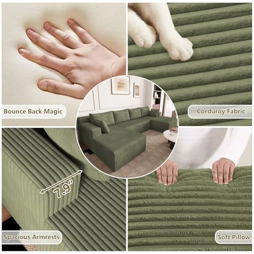 Image of 124 inch Modular Sectional Sleeper Sofa, Boneless Cloud Couch for Living Room, U Shaped 3 Seat Sofa with Deep Seat, Free Combination, Couch in a Box, No Assembly Required (Green)